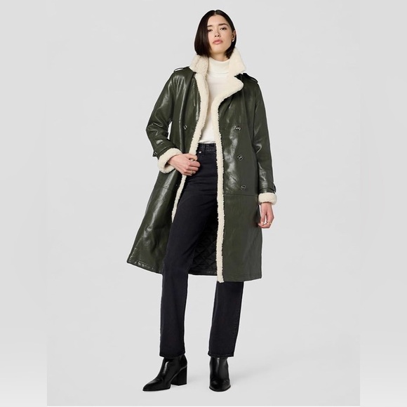 Kenneth Cole Olive faux leather Trench Coat with Cream faux shearling - Picture 11 of 13